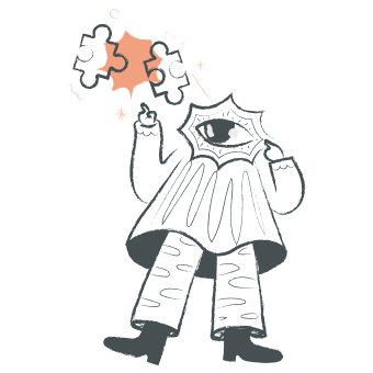 Illustration einer Figur mit sternförmigem Kopf und dunkler Kleidung, die ein zusammenpassendes Puzzle hält.