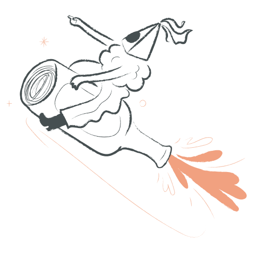 Eine Karikatur einer Person mit Partyhut, die auf einem Raketenbrett fliegt, das Flammen ausstößt.