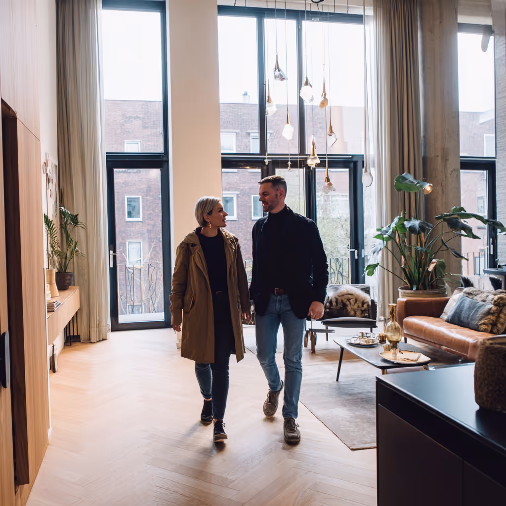 Een man en een vrouw lopen samen door een moderne, lichtinvalrijke woonkamer met grote ramen, planten en comfortabele meubels.