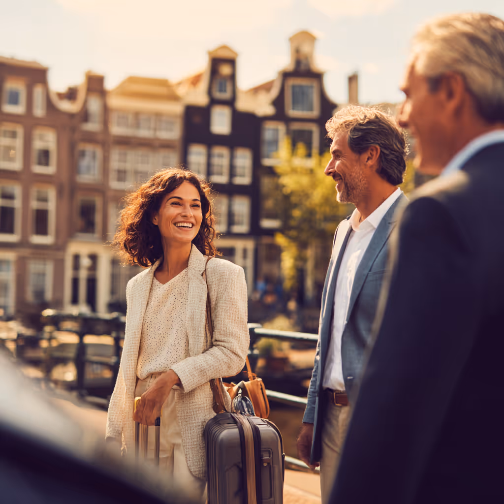 Een lachende vrouw met koffers praat met twee mannen voor traditionele Nederlandse grachtenpanden.