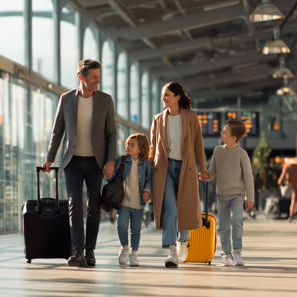 Een gezin van vier, twee volwassenen en twee kinderen, loopt hand in hand met koffers in een modern, goed verlichte luchthavenhal.