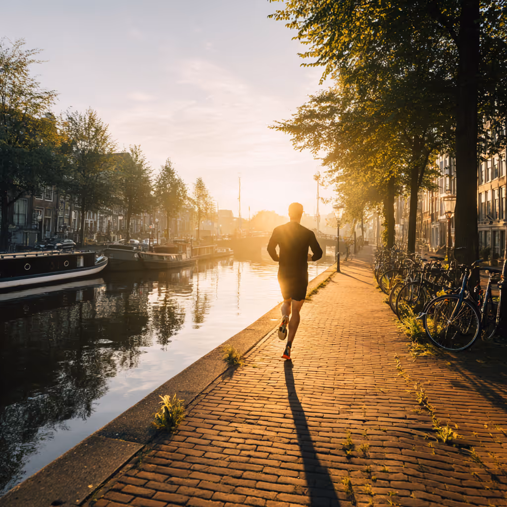 Man die langs een kanaal jogt bij zonsopgang, omgeven door geparkeerde fietsen en boten.