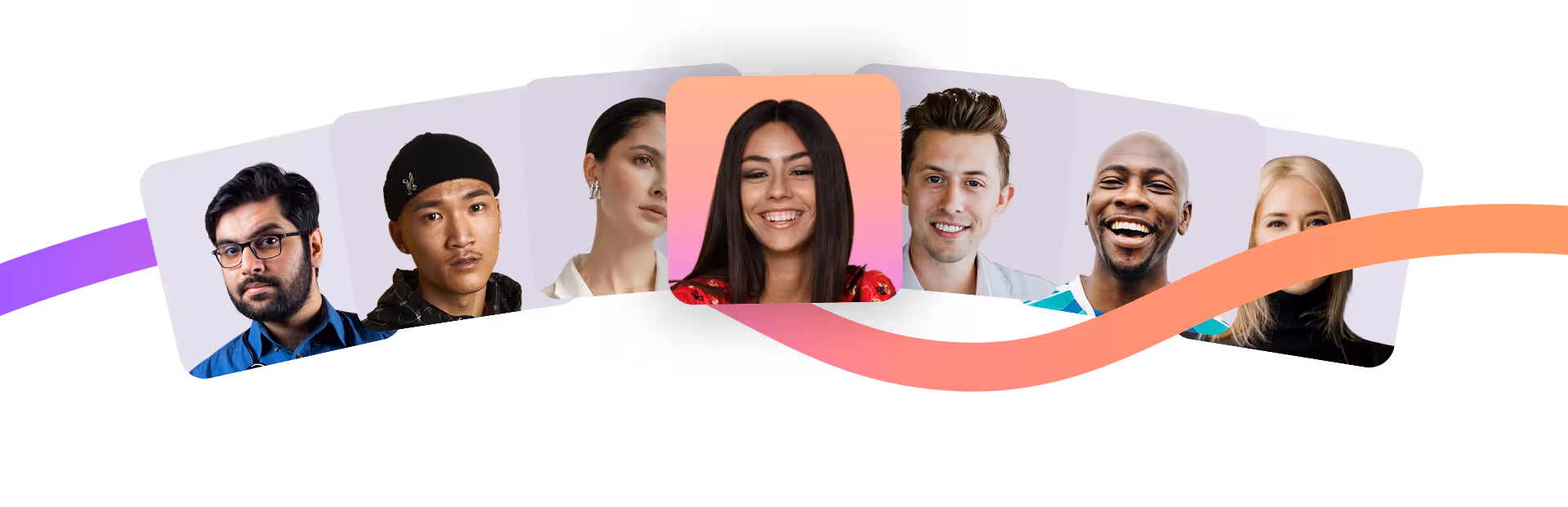 Groupe diversifié de sept personnes souriantes aux portraits présentés en éventail avec un dégradé de vague orange et violet les traversant.
