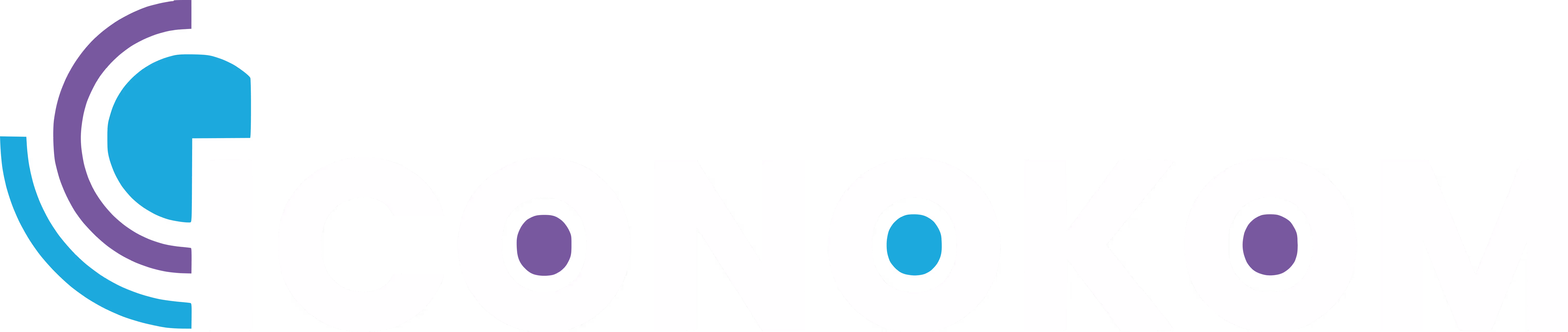 Logo d'ICONOKOM avec des formes circulaires bleues et violettes à gauche et des lettres blanches sur fond transparent.