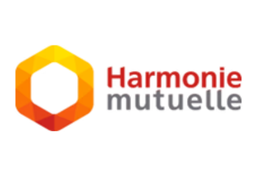 Logo Harmonie mutuelle avec un hexagone polygonal aux tons jaunes, orange et rouge, accompagné du texte Harmonie mutuelle en rouge et gris.