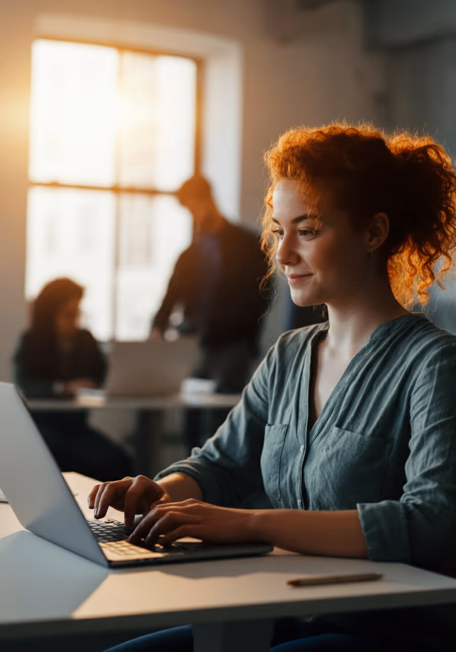Jeune femme aux cheveux roux bouclés tapant sur un ordinateur portable dans un bureau lumineux avec deux collègues en arrière-plan.