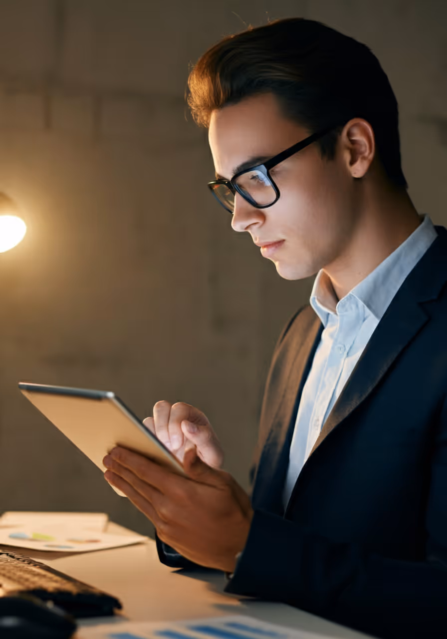 Jeune homme portant des lunettes et un costume sombre utilisant une tablette dans un bureau faiblement éclairé.