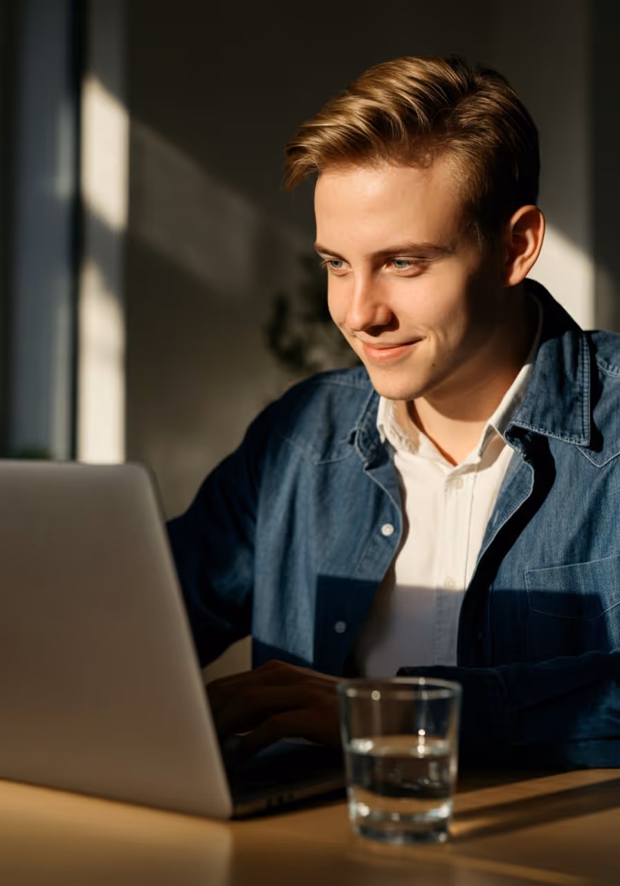 Un jeune homme souriant utilisant un ordinateur portable à une table avec un verre d'eau.