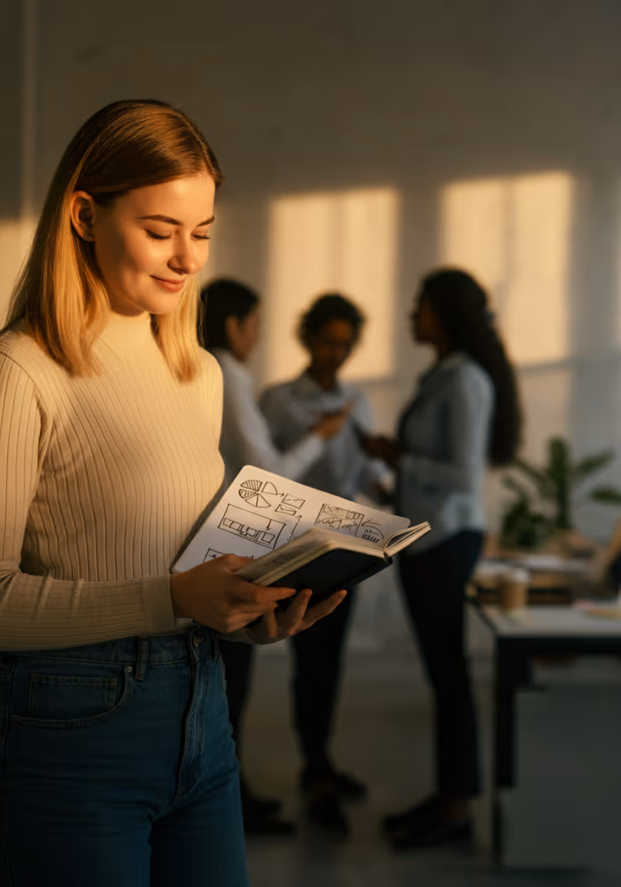 Jeune femme blonde souriante tenant un carnet avec des graphiques dans un bureau où trois collègues discutent en arrière-plan.