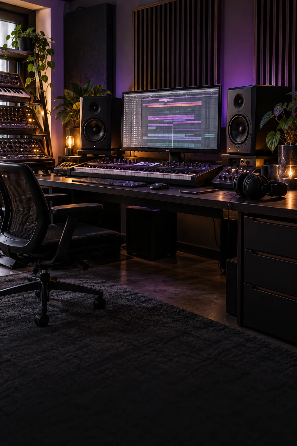 Music production workstation with a MIDI keyboard, studio monitors and headphones