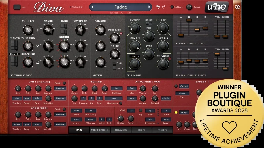 u-he Diva interface showing analog-style oscillators, filters and envelopes