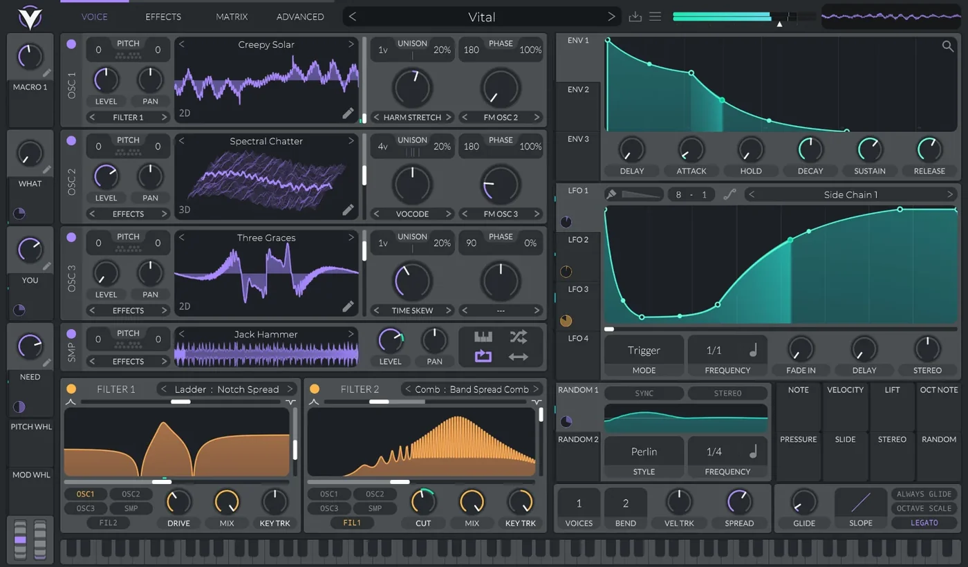 Vital wavetable synthesizer interface with visual envelopes and modulation