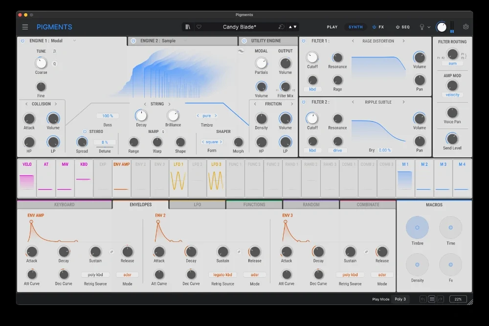 Arturia Pigments synthesizer interface with visual engine and modulation controls