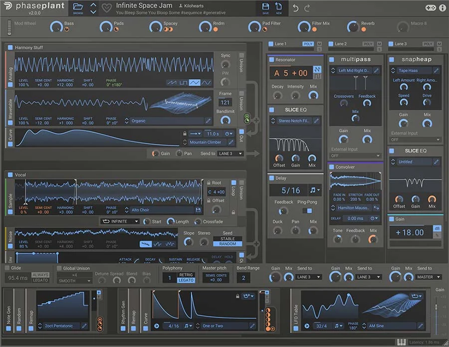 Kilohearts Phase Plant interface with stacked generators and modulation controls