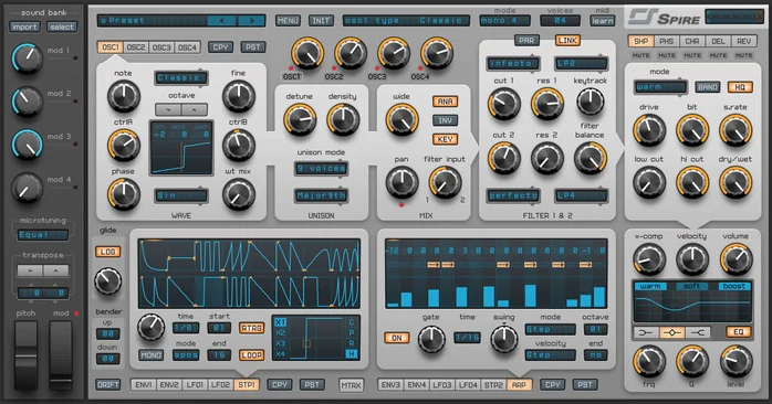 Reveal Sound Spire synthesizer interface with oscillator and modulation controls