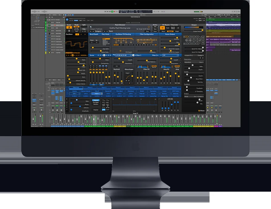 Surge XT synthesizer interface displayed on a desktop monitor