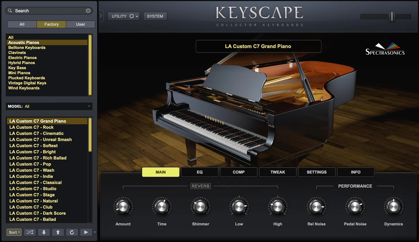 Keyscape LA Custom C7 Grand Piano interface with patch browser and performance controls