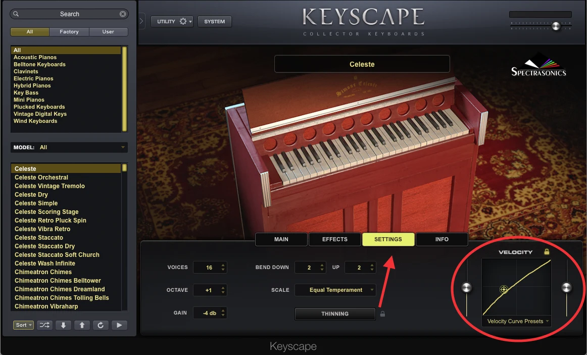 Keyscape Settings interface showing the velocity curve controls