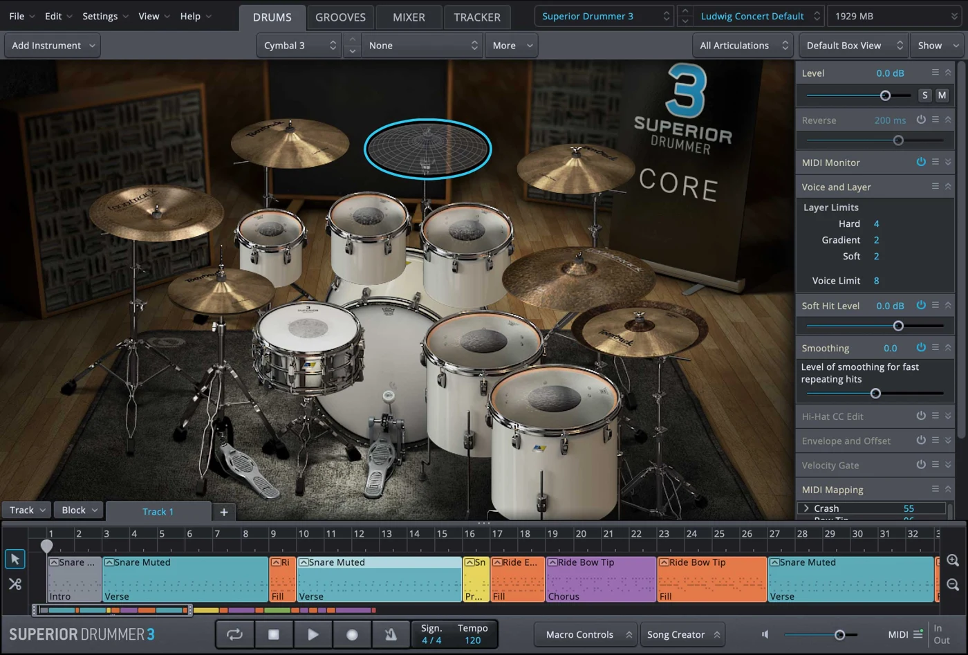 Superior Drummer 3 Drums interface with an acoustic kit and song timeline
