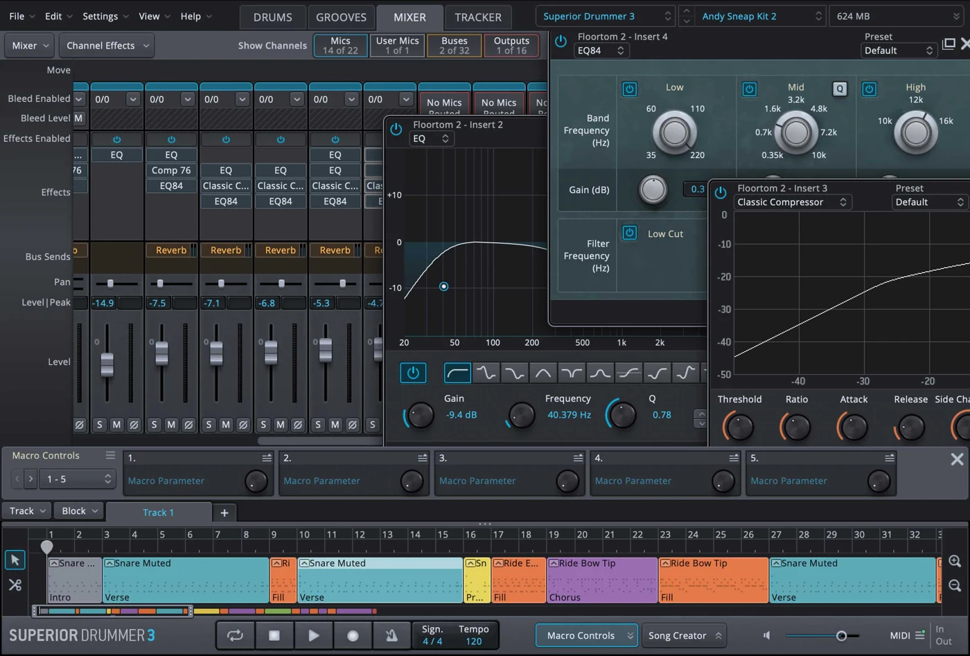 Superior Drummer 3 mixer showing drum microphone channels and effects