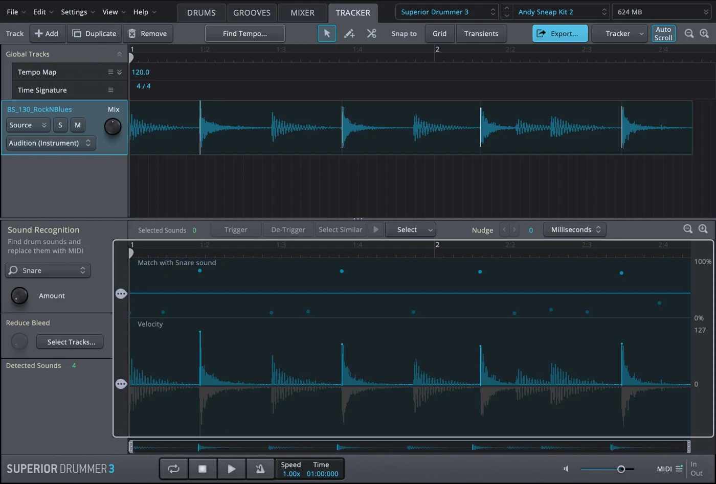 Superior Drummer 3 Tracker interface with detected drum transients