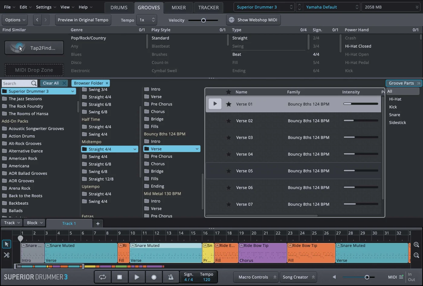 Superior Drummer 3 groove browser with MIDI grooves and song arrangement