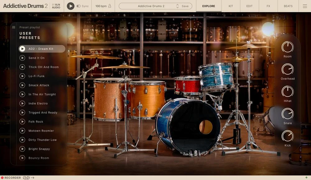 Addictive Drums 2 kit interface showing an acoustic drum setup