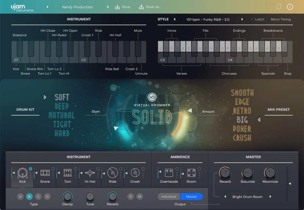 UJAM Virtual Drummer SOLID 2 interface with pattern keys and drum controls