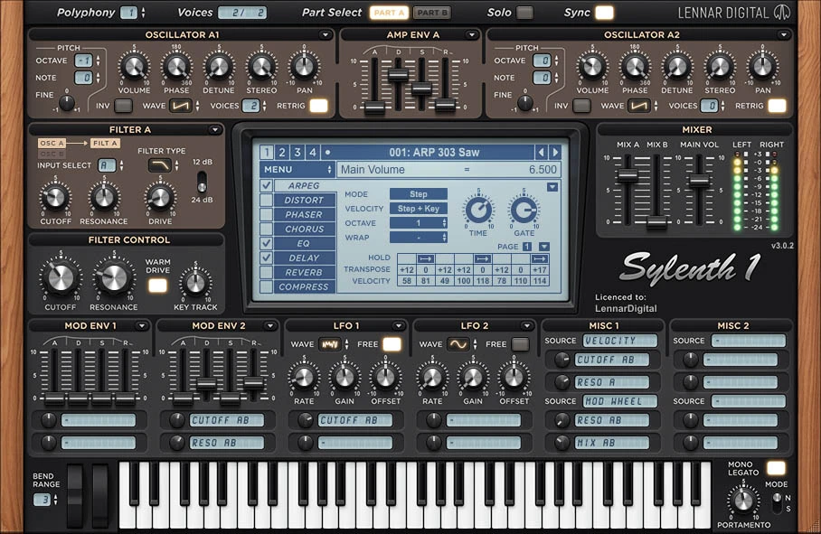LennarDigital Sylenth1 interface showing oscillator controls, filters, modulation and effects