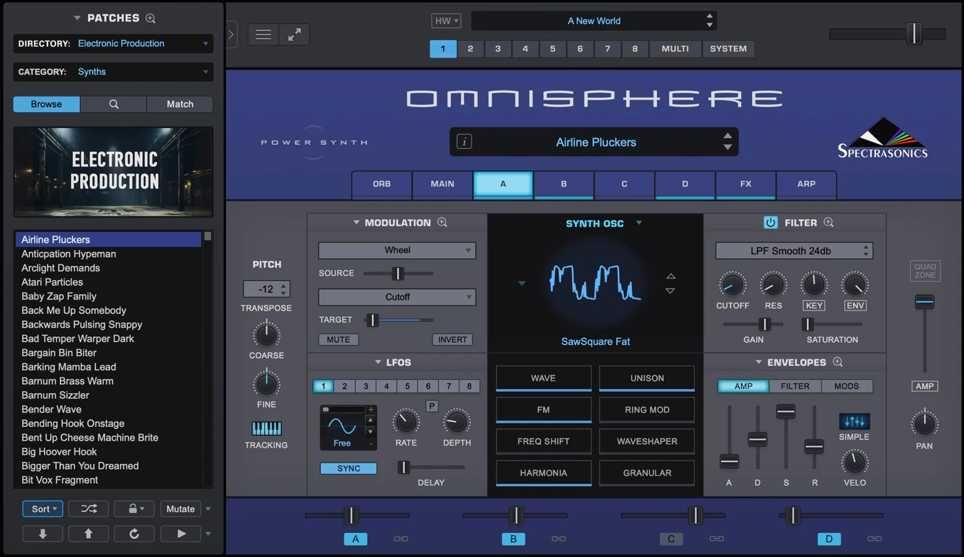 Omnisphere 3 interface showing the patch browser, synthesis layer and filter controls