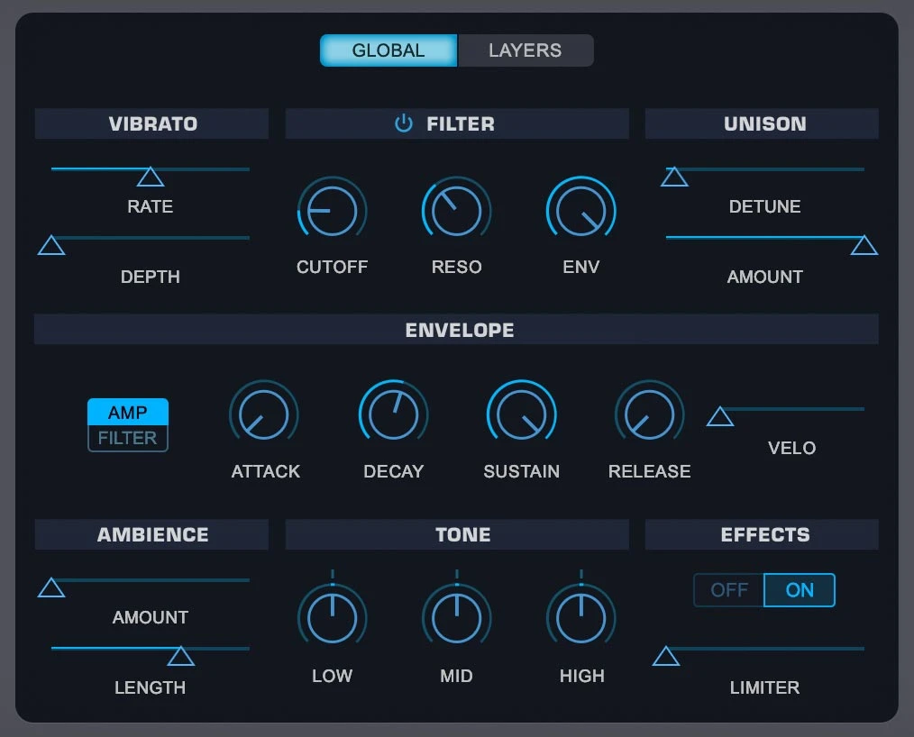Omnisphere 3 adaptive global controls for vibrato, filter, unison, envelope, ambience and tone