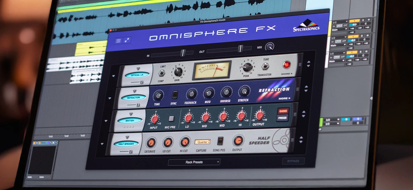 Omnisphere FX Rack plugin displayed in a DAW in an official Spectrasonics product photograph