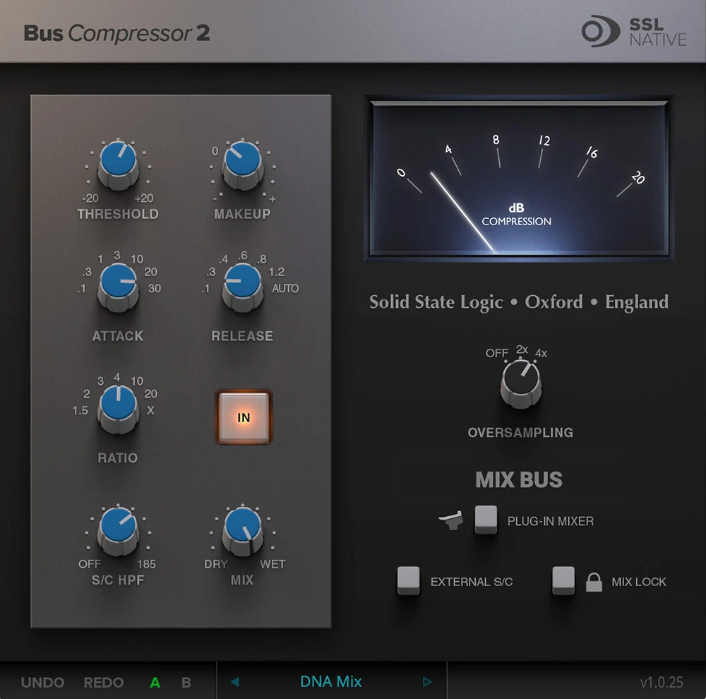 SSL Native Bus Compressor 2 interface with gain reduction meter and sidechain high-pass filter