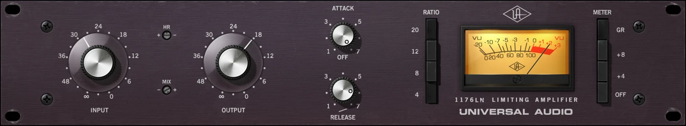 Universal Audio 1176LN Rev E compressor interface showing Input Output Attack Release and ratio buttons