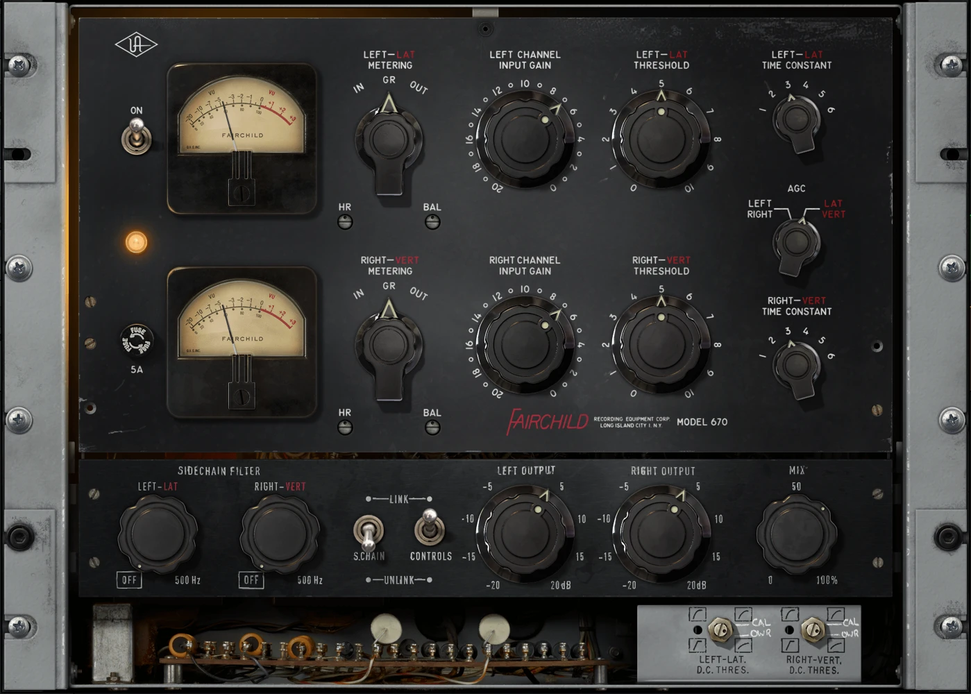 Universal Audio Fairchild 670 compressor interface showing dual channels time constants and gain reduction meters