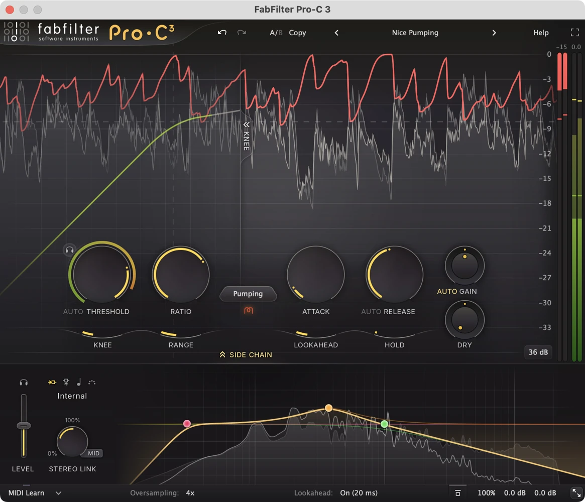 FabFilter Pro-C 3 compressor interface showing dynamics controls and sidechain EQ