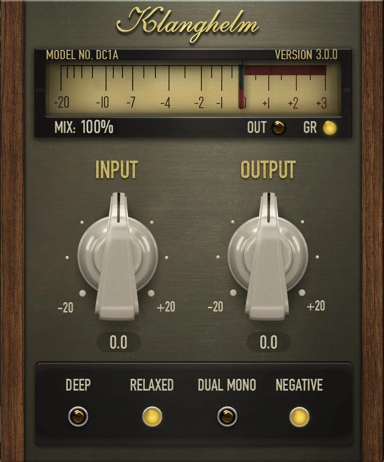 Free Klanghelm DC1A compressor interface with Input Output Deep Relaxed Dual Mono and Negative controls