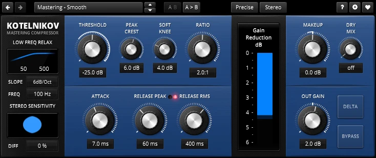 Free TDR Kotelnikov compressor interface showing separate peak and RMS release controls