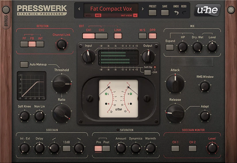 u-he Presswerk compressor interface showing dynamics controls saturation and sidechain settings