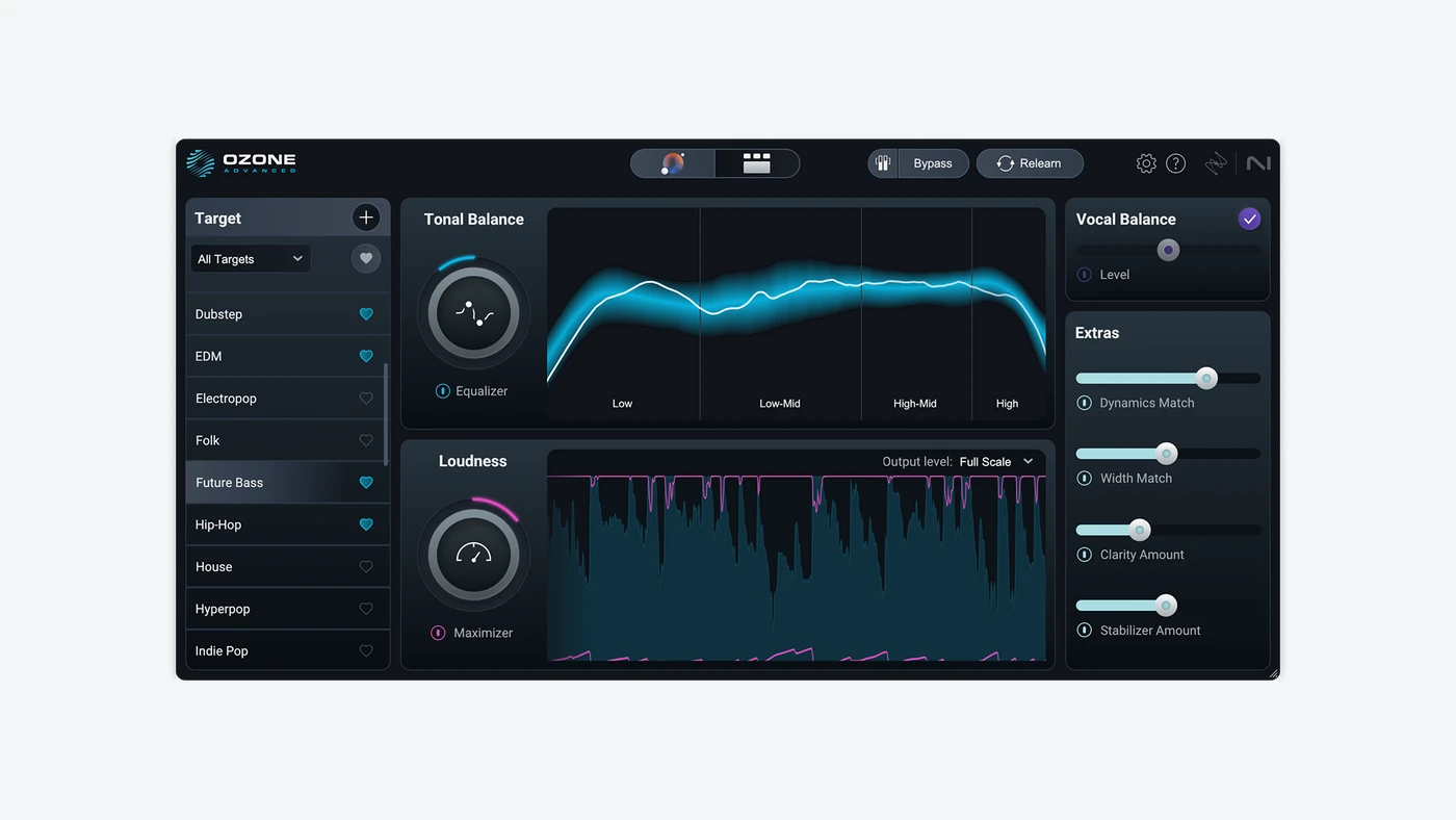 iZotope Ozone 12 Advanced Master Assistant interface with tonal balance and loudness controls