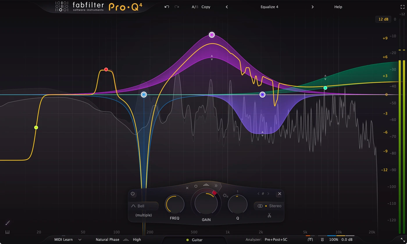 FabFilter Pro-Q 4 equalizer interface showing EQ bands spectral dynamics and the frequency analyzer