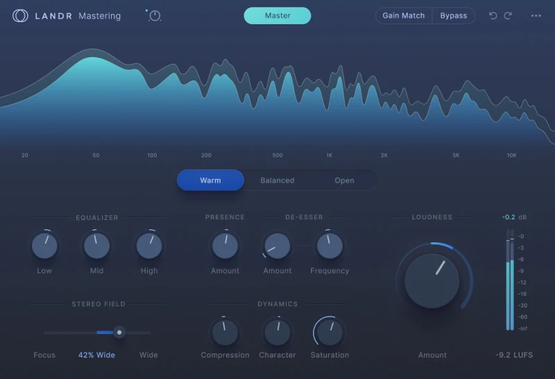 LANDR Mastering Plugin PRO interface with mastering styles EQ dynamics and loudness controls