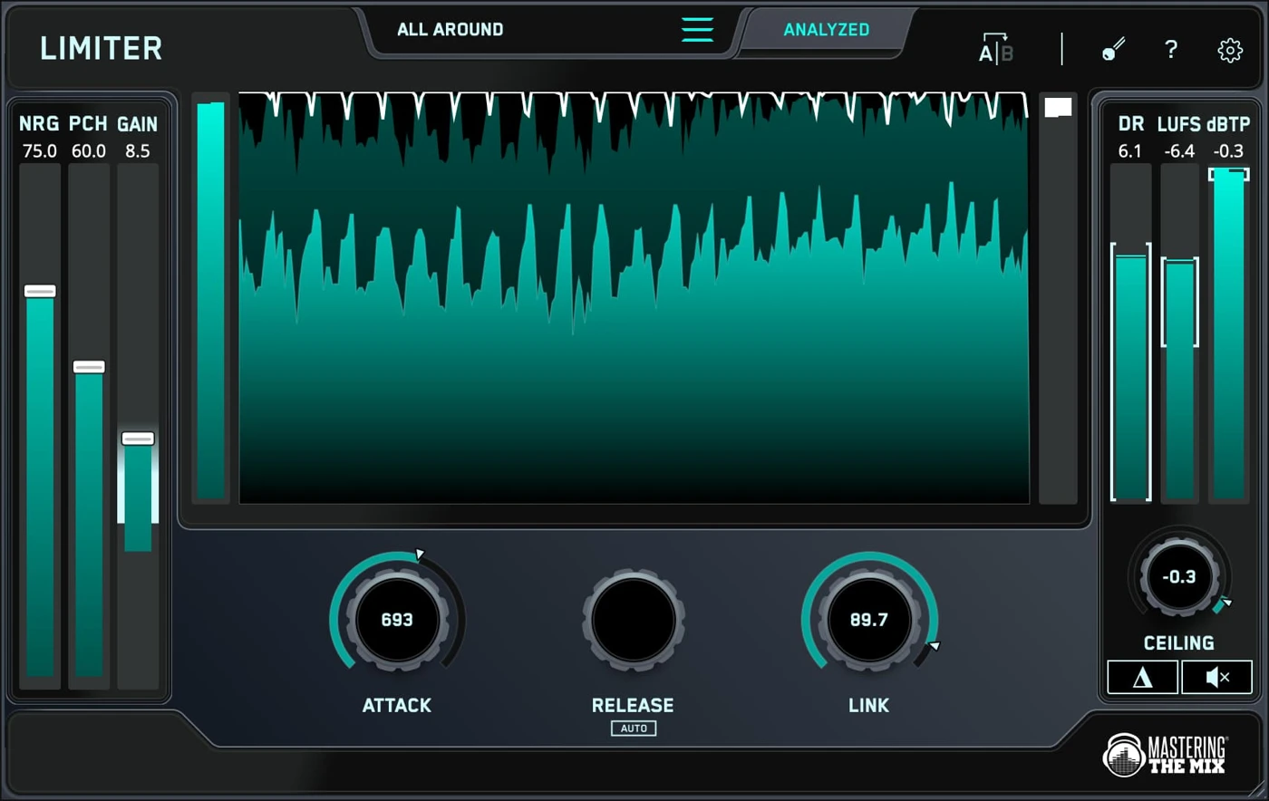 Mastering The Mix LIMITER interface with Analyze button suggested settings and LUFS true-peak meters