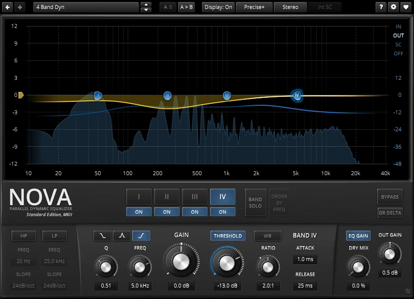 Free TDR Nova dynamic equalizer interface showing four EQ bands and per-band dynamics controls
