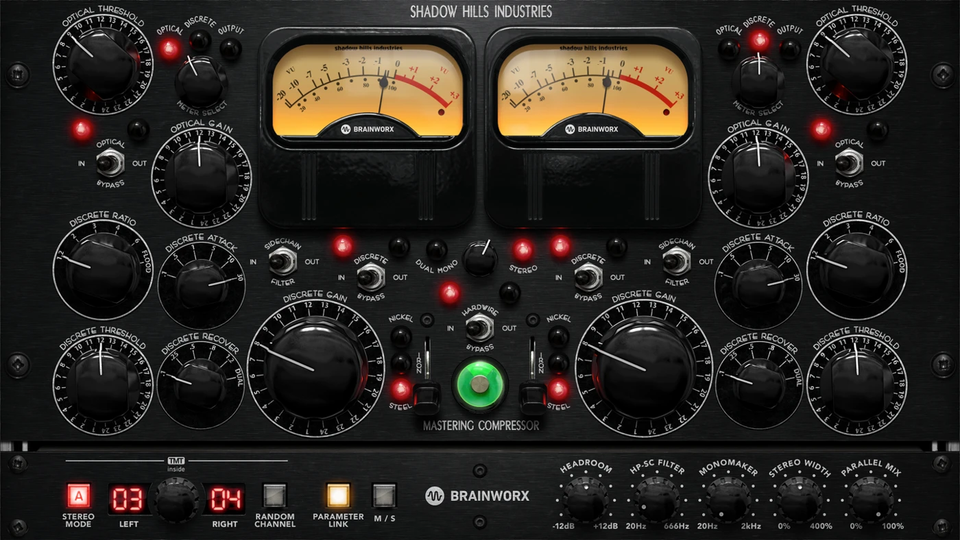 Brainworx Shadow Hills Mastering Compressor Class A plugin interface with optical and discrete compression sections