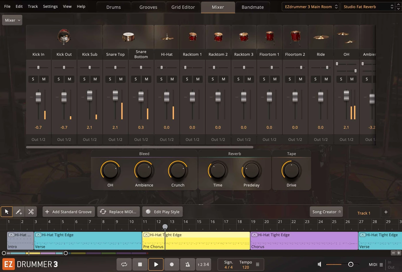 EZdrummer 3 Mixer interface showing channel faders room ambience and preset processing controls