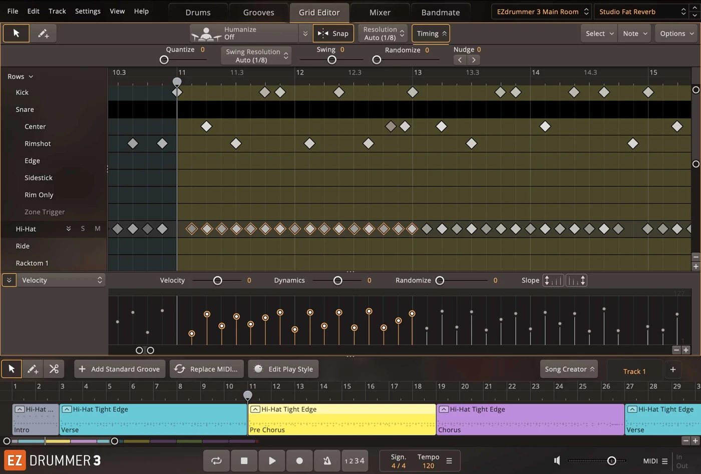 EZdrummer 3 Grid Editor showing drum notes velocity lanes and verse chorus song blocks