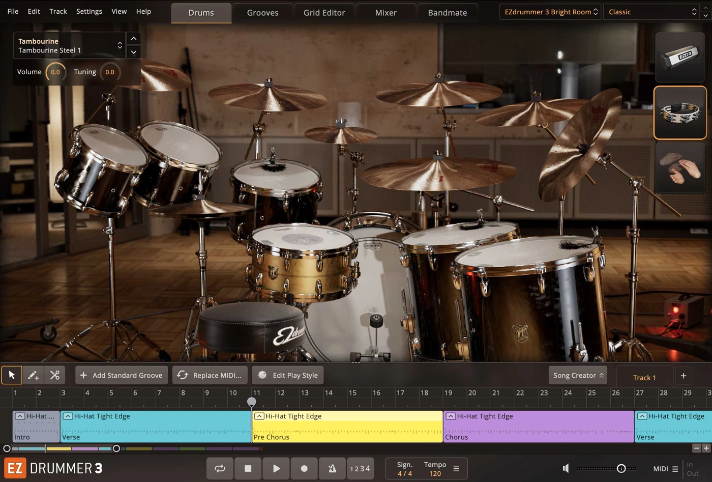 EZdrummer 3 Bright Room drum kit interface with acoustic drums and an arranged Song Track
