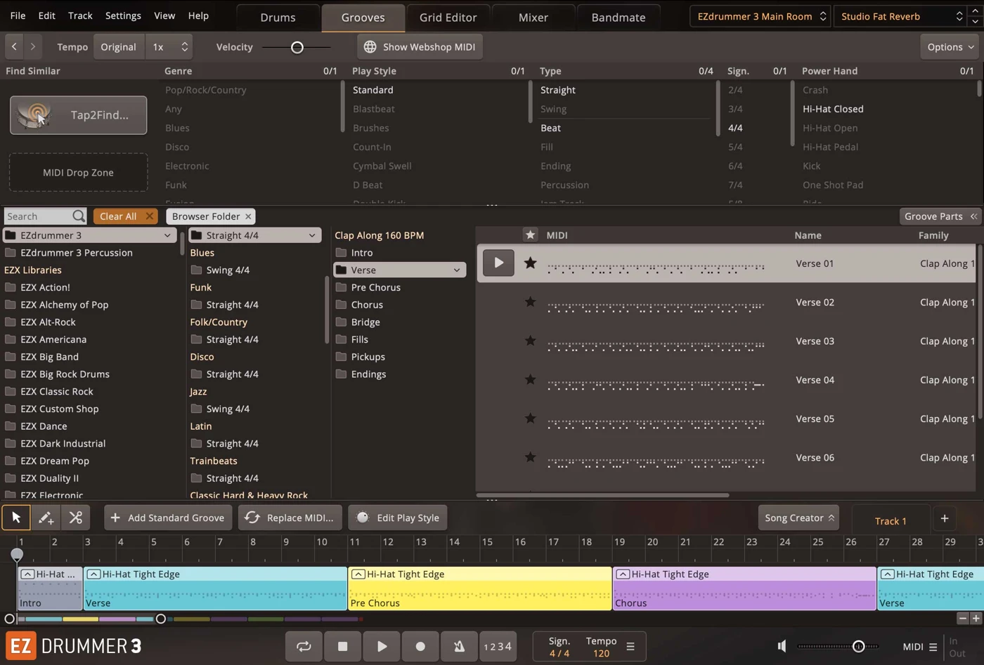 EZdrummer 3 Grooves browser showing MIDI groove filters audition controls and the Song Track