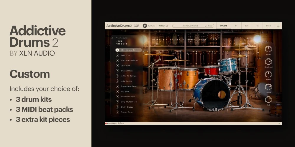 XLN Audio Addictive Drums 2 Custom Collection product image showing the drum interface and selectable expansion content